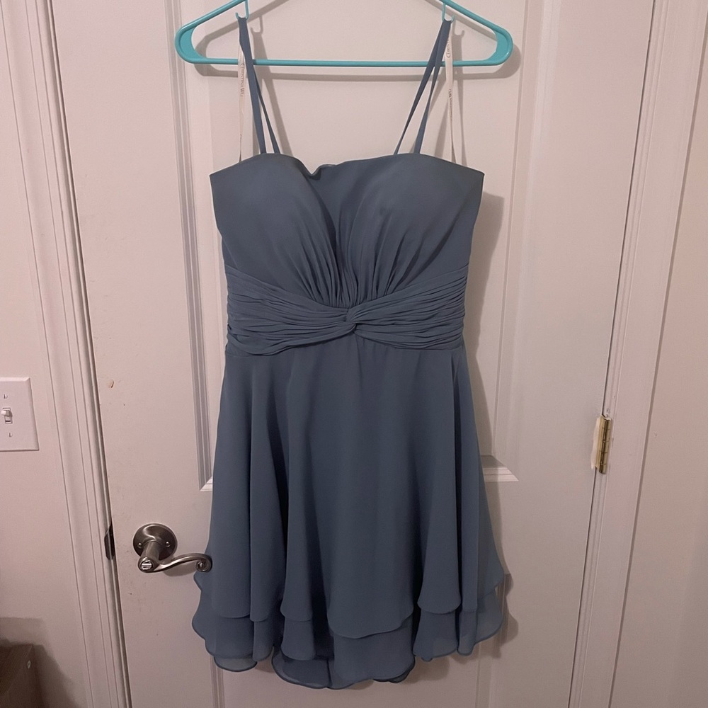 Gray blue flowy short strapless homecoming dress